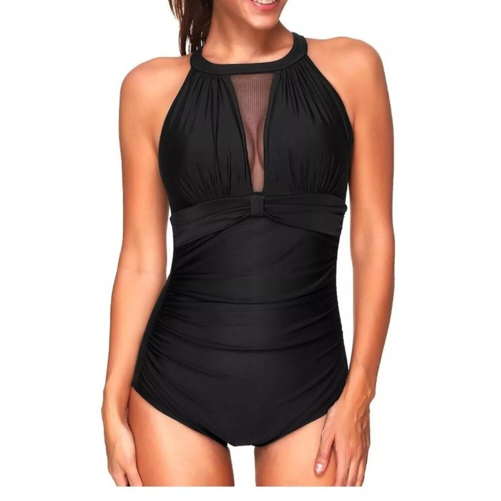 Tempt Me Women One Piece Swimsuit High Neck Plunge Ruched Tummy Large, Black